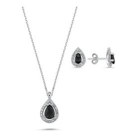 Kovac 925 Ayar Damla Model Siyah Zirkon Taşlı Kadın Gümüş Set