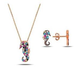 Kovac 925 Ayar Denizatı Model Renkli Zirkon Taşlı Rose Kaplama Kadın Gümüş Set