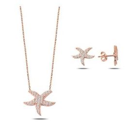Kovac 925 Ayar Denizyıldızı Model Rose Kaplama Zirkon Taşlı Kadın Gümüş Set