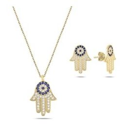Kovac 925 Ayar Fatma Ana Eli&Göz Model Altın Kaplama Zirkon Taşlı Kadın Gümüş Set