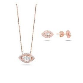 Kovac 925 Ayar Göz Tektaş Model Rose Kaplama Zirkon Taşlı Kadın Gümüş Set