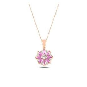 Kovac 925 Ayar Gümüş Çiçek Model Rose Kaplama Pembe Zirkon Taşlı Kadın Kolye