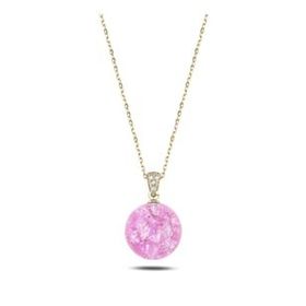 Kovac 925 Ayar Gümüş Pembe Küre Model Altın Kaplama Zirkon Taşlı Kadın Kolye