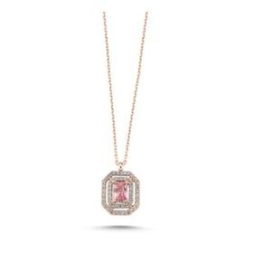 Kovac 925 Ayar Gümüş Tektaş Baget Model Rose Kaplama Pembe Zirkon Taşlı Kadın Kolye