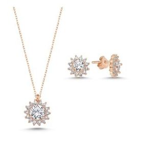 Kovac 925 Ayar Halo Tektaş Model Rose Kaplama Zirkon Taşlı Kadın Gümüş Set