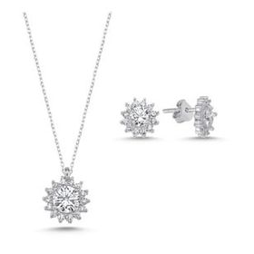 Kovac 925 Ayar Halo Tektaş Model Zirkon Taşlı Kadın Gümüş Set