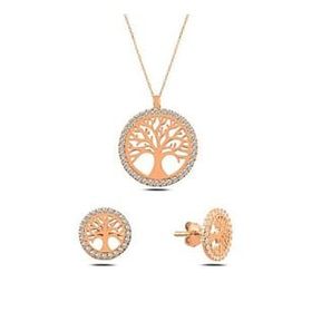 Kovac 925 Ayar Hayat Ağacı Model Rose Kaplama Zirkon Taşlı Kadın Gümüş Set