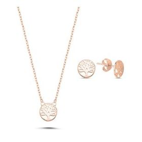 Kovac 925 Ayar Hayat Ağacı Model Rose Kaplama Zirkon Taşlı Kadın Gümüş Set