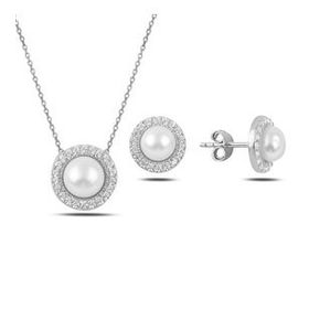 Kovac 925 Ayar İnci&Zirkon Taşlı Rodyum Kaplama Kadın Gümüş Set