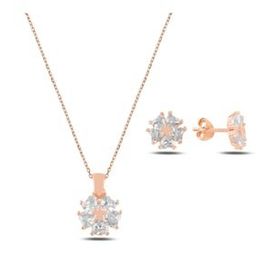 Kovac 925 Ayar Kalp Çiçek&Yıldız Model Rose Kaplama Zirkon Taşlı Kadın Gümüş Set