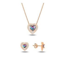 Kovac 925 Ayar Kalp Tektaş Model Rose Altın Kaplama Mistik Topaz Zirkon Taşlı Kadın Gümüş Set