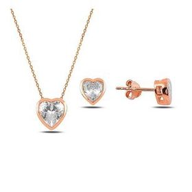Kovac 925 Ayar Kalp Tektaş Model Rose Kaplama Zirkon Taşlı Kadın Gümüş Set