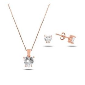 Kovac 925 Ayar Kalp Tektaş Model Rose Kaplama Zirkon Taşlı Kadın Gümüş Set
