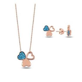 Kovac 925 Ayar Kalpli Yonca Model Rose Kaplama Nano Turkuaz Taşlı Kadın Gümüş Set