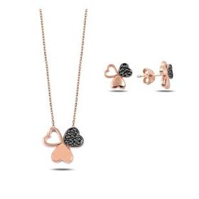 Kovac 925 Ayar Kalpli Yonca Model Rose Kaplama Siyah Zirkon Taşlı Kadın Gümüş Set