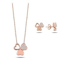 Kovac 925 Ayar Kalpli Yonca Model Rose Kaplama Zirkon Taşlı Kadın Gümüş Set
