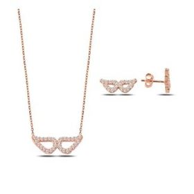 Kovac 925 Ayar Kanat Model Rose Kaplama Zirkon Taşlı Kadın Gümüş Set
