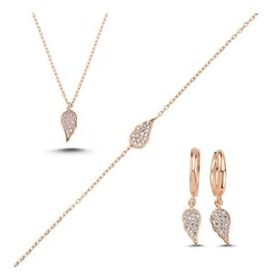 Kovac 925 Ayar Kanat Model Rose Kaplama Zirkon Taşlı Kadın Gümüş Set