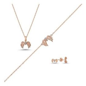 Kovac 925 Ayar Kanat Model Rose Kaplama Zirkon Taşlı Kadın Gümüş Set