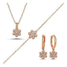 Kovac 925 Ayar Kar Tanesi Model Rose Kaplama Zirkon Taşlı Kadın Gümüş Set
