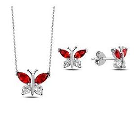 Kovac 925 Ayar Kelebek Model Kırmızı Zirkon Taşlı Kadın Gümüş Set