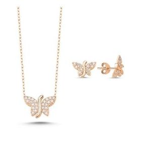 Kovac 925 Ayar Kelebek Model Rose Kaplama Zirkon Taşlı Kadın Gümüş Set