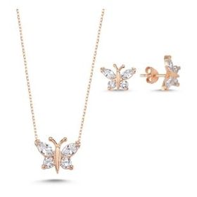 Kovac 925 Ayar Kelebek Model Rose Kaplama Zirkon Taşlı Kadın Gümüş Set