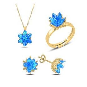 Kovac 925 Ayar Lotus Çiçeği Model Altın Kaplama Mavi Zirkon Taşlı Kadın Gümüş Set