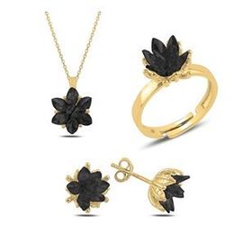 Kovac 925 Ayar Lotus Çiçeği Model Altın Kaplama Siyah Zirkon Taşlı Kadın Gümüş Set
