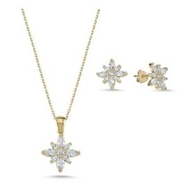 Kovac 925 Ayar Lotus Çiçeği Model Altın Kaplama Zirkon Taşlı Kadın Gümüş Set