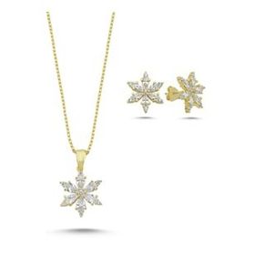 Kovac 925 Ayar Lotus Çiçeği Model Altın Kaplama Zirkon Taşlı Kadın Gümüş Set