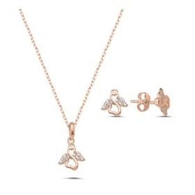 Kovac 925 Ayar Melek Model Rose Kaplama Zirkon Taşlı Kadın Gümüş Kolye Set