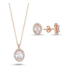 Kovac 925 Ayar Oval Model Rose Kaplama Zirkon Taşlı Kadın Gümüş Set
