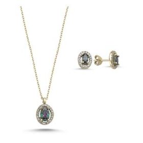 Kovac 925 Ayar Oval Tektaş Model Altın Kaplama Mistik Topaz Taşlı Kadın Gümüş Set
