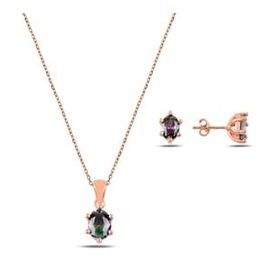 Kovac 925 Ayar Oval Tektaş Model Rose Kaplama Mistik Topaz Taşlı Kadın Gümüş Set