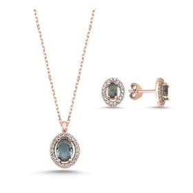 Kovac 925 Ayar Oval Tektaş Model Rose Kaplama Sultanit Taşlı Kadın Gümüş Set