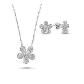 Kovac 925 Ayar Papatya Model Rodyum Kaplama Zirkon Taşlı Kadın Gümüş Set