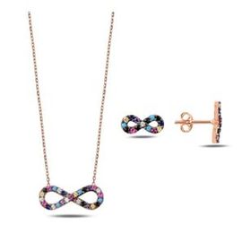 Kovac 925 Ayar Sonsuzluk Model Rose Kaplama Renkli Zirkon Taşlı Kadın Gümüş Set