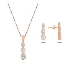 Kovac 925 Ayar Süzme Damla Model Rose Kaplama Zirkon Taşlı Kadın Gümüş Set