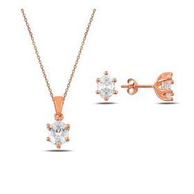 Kovac 925 Ayar Tektaş Model Oval Zirkon Taşlı Rose Kaplama Kadın Gümüş Set