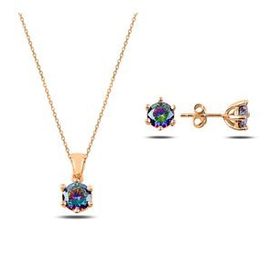 Kovac 925 Ayar Tektaş Model Rose Altın Kaplama Mistik Topaz Zirkon Taşlı Kadın Gümüş Set
