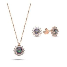 Kovac 925 Ayar Tektaş Model Rose Kaplama Mistik Topaz Taşlı Kadın Gümüş Set