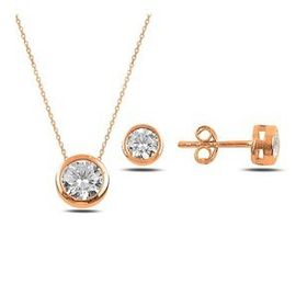 Kovac 925 Ayar Tektaş Model Rose Kaplama Zirkon Taşlı Kadın Gümüş Set