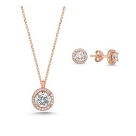 Kovac 925 Ayar Tektaş Model Rose Kaplama Zirkon Taşlı Kadın Gümüş Set