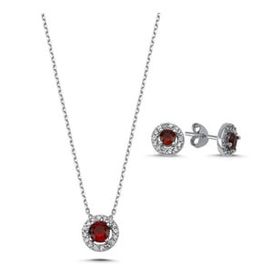 Kovac 925 Ayar Yuvarlak Tektaş Model Garnet Taşlı Kadın Gümüş Set