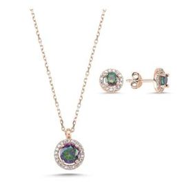 Kovac 925 Ayar Yuvarlak Tektaş Model Rose Kaplama Mistik Topaz Taşlı Kadın Gümüş Set