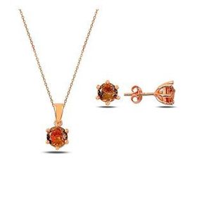 Kovac 925 Ayar Yuvarlak Tektaş Model Rose Kaplama Sultanit Taşlı Kadın Gümüş Set