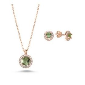 Kovac 925 Ayar Yuvarlak Tektaş Model Rose Kaplama Sultanit Taşlı Kadın Gümüş Set