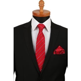 Kravatkolik KK4427 Kırmızı Çizgi Desen Mendilli Klasik Kravat