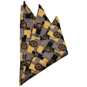 Kravatkolik SPS321 Sarı - Siyah Motif Baskılı İpek Mendil